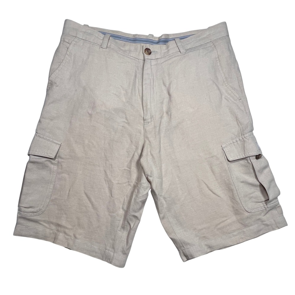 Perry Ellis Linen Cargo Shorts Size 32 Casual Outdoor Summer Beige Resort Summer